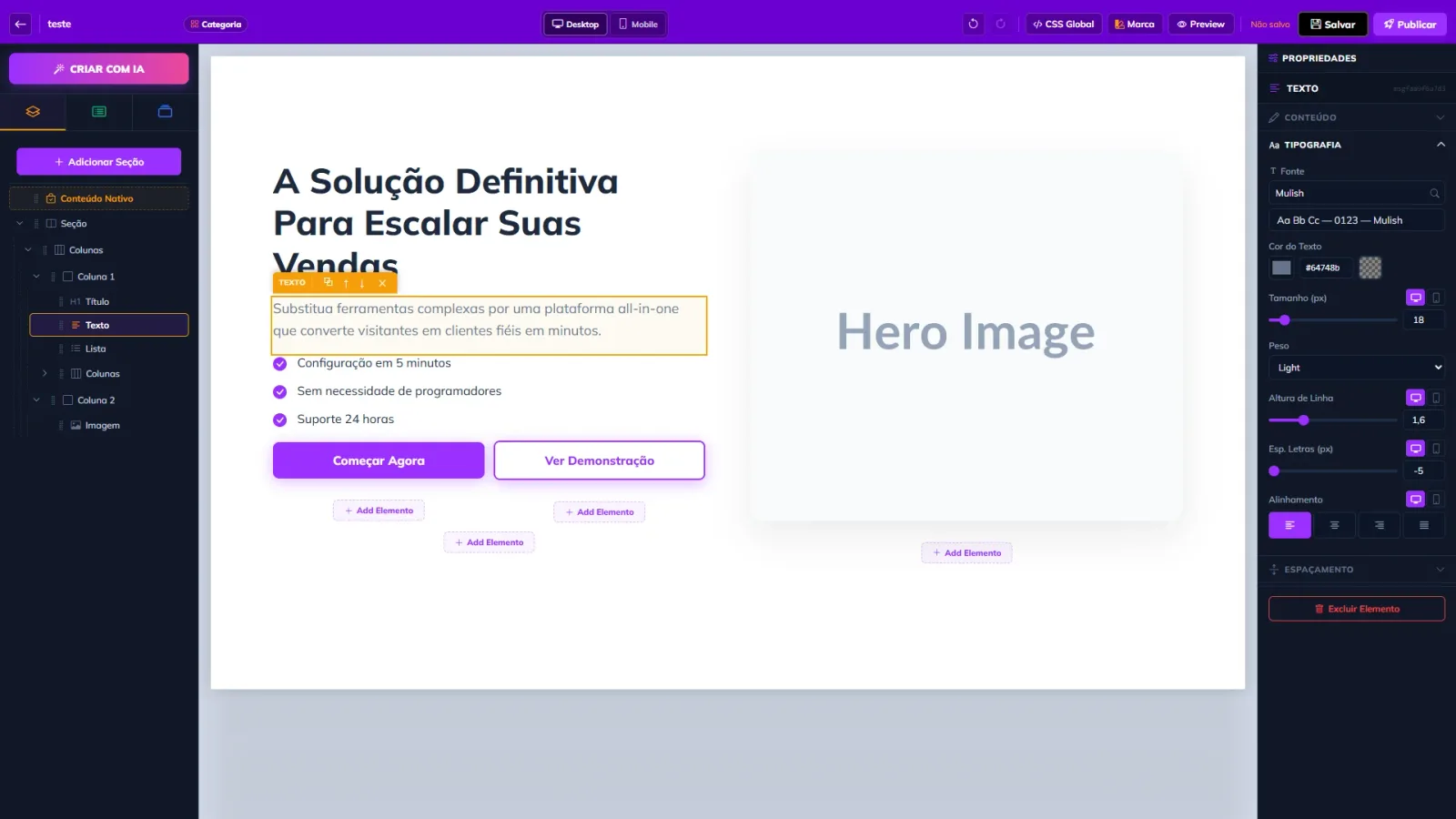 Editor visual do App Convertfly em uso