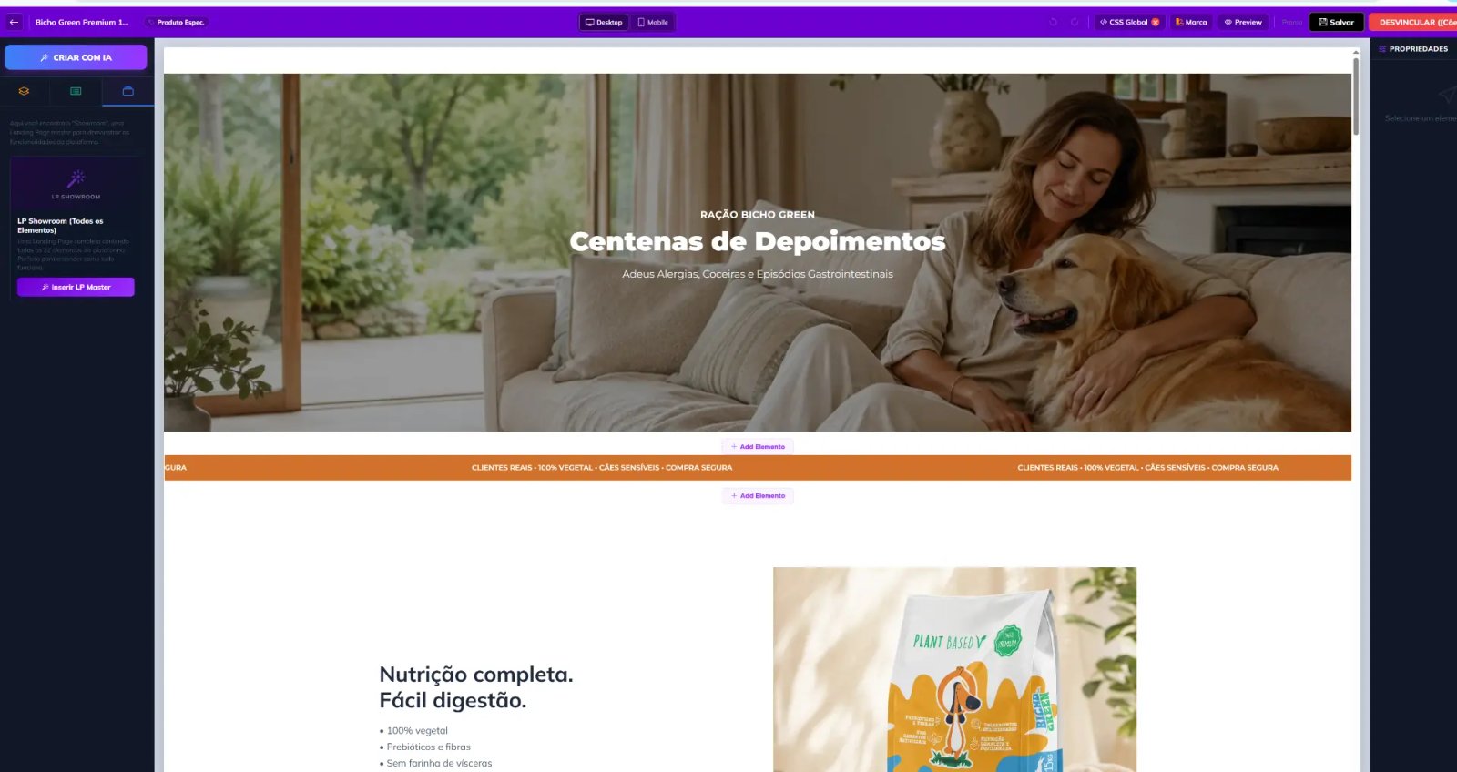 Editor do app Convertfly inserindo uma landing page completa
