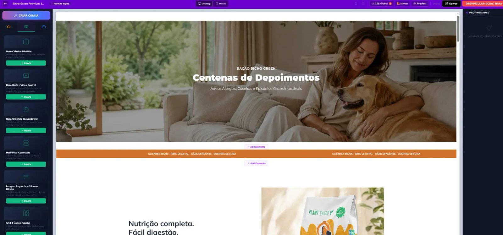 Editor do app Convertfly com a lista de seções prontas à esquerda